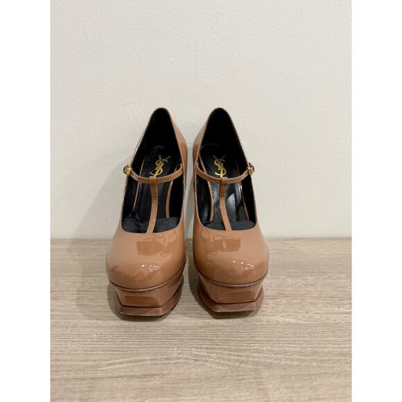 YSL Saint Laurent Tribute Patent T Strap Platform Heels Pumps Shoes Tan 38.5/8.5 - Picture 2 of 6
